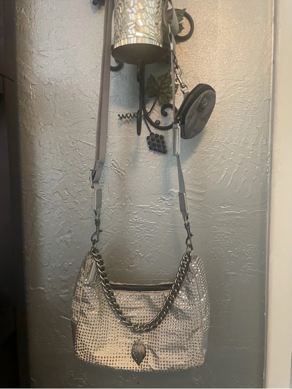 Kurt Geiger HTF Crystal Silver /Gray Chain-Accent Crossbody Pretty and Comfy